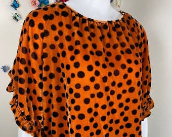 Polka Dot Velvet Top MADEWELL Blouse Ruffle Sleeve Casual Top Fall Winter Funky Artsy Boho Top Gifts For Her - Large