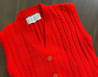 Vintage 60s Long Red Sweater Vest - Cable Knit Long Sweater Vest - 1960s Sleeveless Jumper - Casual Preppy Day Wear - M/L