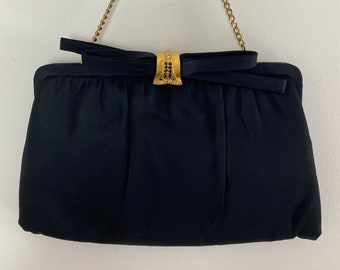 Vintage Evening Clutch Purse 50s 60s ALTER FIVE Black Satin Prom Wedding Purse