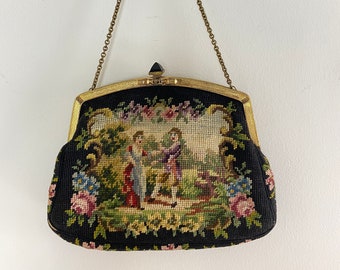 30s Needlepoint Embroidered Tapestry Evening Purse - Vintage French Petit Point Clutch With Chain - Gold Steel Frame - Wedding Prom