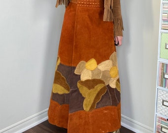CHAR Designer Läder Patchwork Kjol 1970-tals Mocka Blommig Santa Fe Omlottkjol 70-tals Country Western Boho Hippie Maxikjol - XS/S