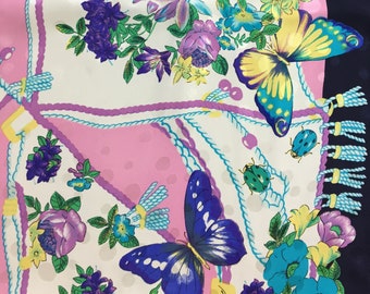 Vintage Floral Butterfly Bug Scarf - Large Square Silk Scarf - Pink White Purple Blue - Garden Scarf