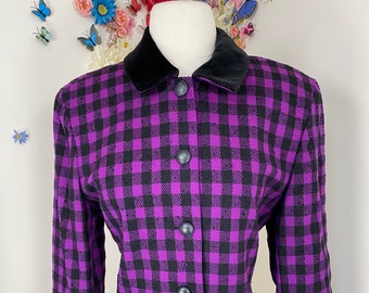 Vintage CHRISTIAN DIOR Blazer With Velvet Collar 1980s Blazer Preppy Purple Plaid Wool Jacket Fall Winter Blazer - Medium