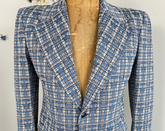 Vintage 1970s Men's Plaid Blazer Jacket  - 70s Groovy PARIANI Sport Coat - Funky Blue Plaid Dress Jacket - Men's 40