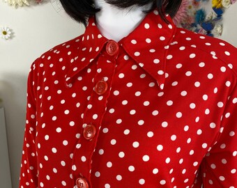 70s SHIRT TALES Polka Dot Shirt - Dotted Red White Funky Button Up 1970s Shirt - Medium