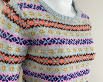 Y2K J.CREW Fair Isle Rainbow Stripe Wool Knit Sweater - Preppy Sporty Multicoloured Jumper Fall Winter Ski Sweater - XS/S