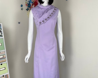60s Jewelled Evening Gown - Vintage Beaded Rhinestone Pastel Purple Special Occasion Formal Event Cocktail Party Dress - Dramatic Dress M/L