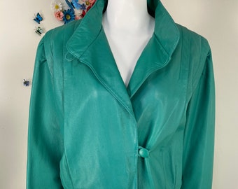 1980s Turquoise Leather Bomber Jacket - FRITALA FINLAND Vintage 80s Fall Biker Jacket - Motorcycle Bomber Jacket - Medium