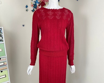 Vintage Red Eyelet Crochet Knit Dress Set - 1930s 1940s 2 Piece Skirt Sweater Set With Flaws - S/M