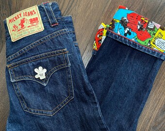 Vintage Y2K MICKEY JEANS - Roll Cuff Straight Leg Denim Trousers - Low Rise Button Fly Novelty Jeans - Small