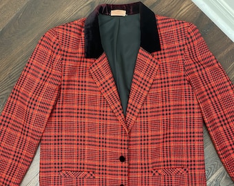 80s Red Plaid TAN JAY Blazer With Velvet Collar - Vintage 1980s Preppy Red Black Gold Plaid Check Jacket - Wear To Work - L/XL