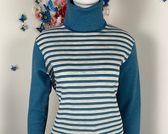 Suéter de cuello alto a rayas, vintage, años 70, KITTEN, jersey de esquí de punto azul, talla M/L