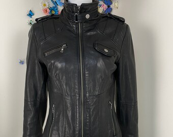 Y2K Black Leather Moto Jacket - Vintage Fitted Badass Biker Motorcycle Jacket - Rockstar Leather - XS