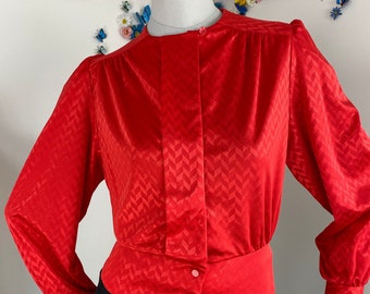 80s Red Blouse - Vintage 40s Inspired Secretary Blouse - Wear To Work Holiday Evening Cocktail Party Top - Small