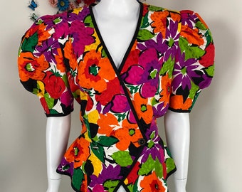 Vintage 80s Floral Evening Jacket With Puff Sleeves - 1980s Colourful AJ BARI Silk Peplum Cocktail Party Formal Event Blouse Top - Medium