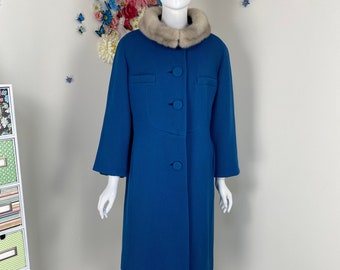 Vintage 50s 60s Blue Fur Collar Trapeze Coat - Foster's MISS STYLE 1950s 1960s Fur Mink Collar - Long Warm Winter Swing Coat - Medium