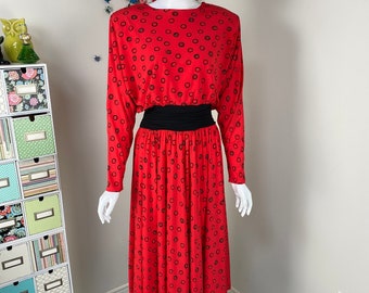 90s Red KIRA Dress - Vintage 1990s Dotted Full Circle Skirt Dress - Evening Cocktail Party Wedding Guest Dress - S/M