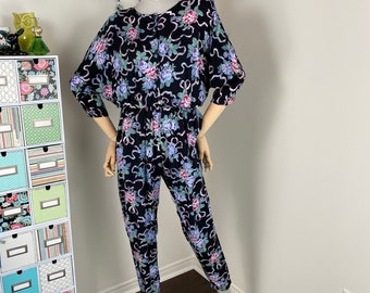 Vintage Jumpsuit EN FOCUS Dark Floral Vintage 1980s Casual Jumpsuit Party Clubbing Disco Funky Fun 80s Jumpsuit Gifts For Her - Medium
