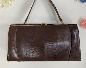 50s 60s Rectangular Brown Faux Reptile Snake Skin Purse Handbag - PARAGON TORONTO Framed Vintage 1950s 1960s Bag With Top Handle