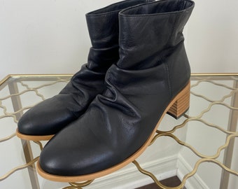 ANTHROPOLOGIE Black Leather Ankle Boots - Pull On Chelsea Booties - Designer Boots - Low 2" Heel - 41 EU 9.5 US