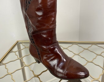 Vintage Patchwork Leather Boots by LA VALLÉE 1980s Boho Boots Dark Brown Faux Crocodile Boots 80s Fall Winter Boots - 7.5