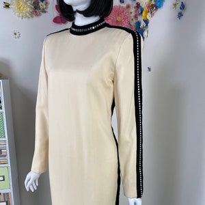 Vintage CAROLINA HERRERA Dress 80s Designer Cream Wool Evening Dress Rhinestone & Velvet Trim Formal Special Occasion Party Dress - Medium