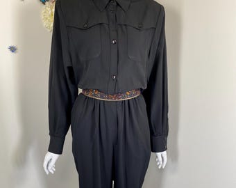 Vintage Black Jumpsuit Utility 80s Lightweight Flight-suit With Pockets Casual Preppy Streetstyle Evening Date Night Jumpsuit - Med