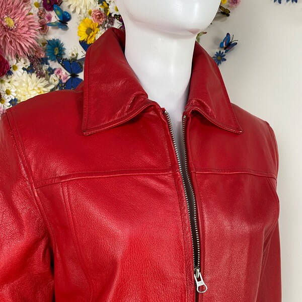 Veste en cuir rouge des années 90 - vintage années 1990 DANIER Jean Jacket Style In Red Leather Fall Jacket - Veste Bomber Moto en cuir - S/M