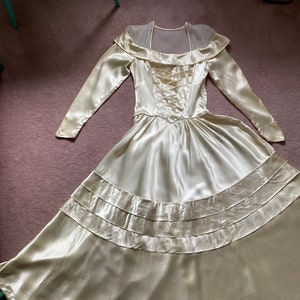 40s Ivory Satin Wedding Dress Vintage 1940s Champagne Wedding Gown Lattice Bust Illusion Off Shoulder XS image 1