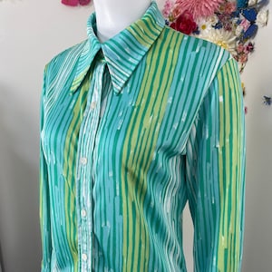 Vintage Disco Shirt 70s MR K Green Striped Shirt Vintage 1970s Groovy Clubbing Party Long Sleeve Preppy Mod Top Gifts For Her - S/M