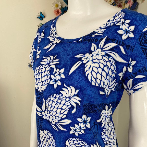 Vintage Blue Hawaiian Pineapple Dress - 1980s CREATIONS HAWAII Maxi Muumuu Dress - Vacation Resort Wear Summer Day Dress - Small