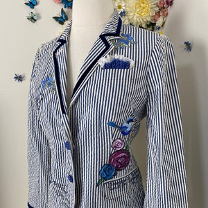 J CREW Striped Embroidered Painted Boho Blazer Up-cycled Preppy Artsy Blazer - XS/S