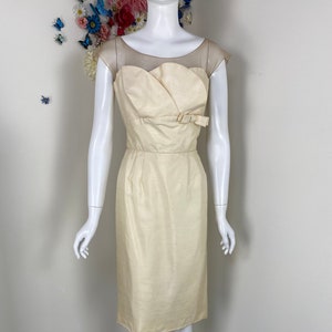 Vintage Formal Dress 1960s Evening Dress Cocktail Party Dress 60s Raw Silk Cream Illusion Dress Wedding Guest Mother of the Bride Dress - S