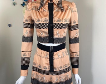 70s Novelty Dress Egyptian Print Peach Black Top Skirt Set Striped Day Dress Vintage 1970s Mod Dress Ensemble Gifts For Her - XXS/XS