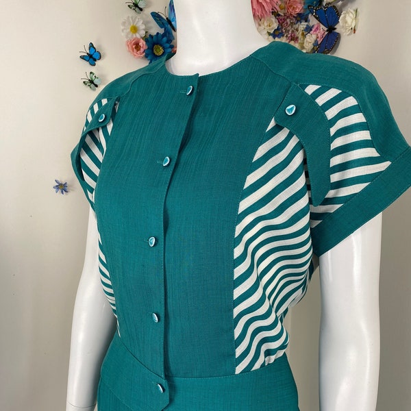 Vintage 80s LILLY Dress Set - 1980s Two Piece Teal Skirt Suit With Stripes - Summer Spring Dress Skirt Top - Secretary Office Wear - XS/S