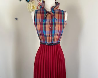 Vintage Plaid Mini Dress 1970s Ruffle Pleated Preppy Mod Academia Day Dress Wear To Work Secretary Office Dress Lunch Date - XS