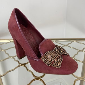 Vintage Pink Rhinestone Shoes Tory Burch Heels Designer Suede Bow Pumps High Heel Shoes Preppy Evening - 4&quot; Heel - US Size 7