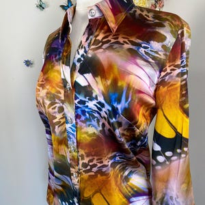 Vintage Silk Blouse Y2K Boho Animal Novelty Print Artsy Disco Shirt Funky Date Night Evening Cocktail Party Clubbing Shirt Gifts For Her - M