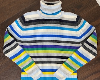 Vintage Pullover Regenbogen Gestreift Rollkragen Baumwolle Strickpullover 90er Jahre Rollkragen L
