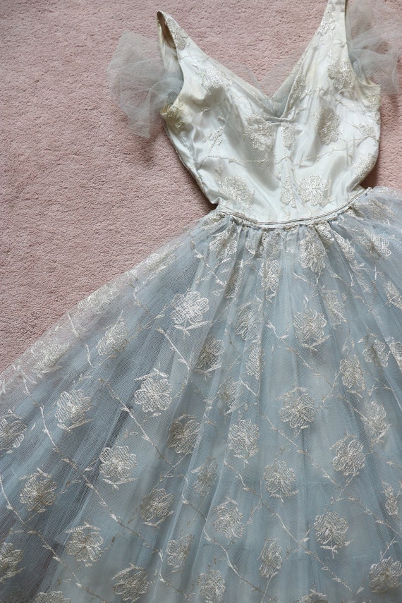 Vintage 1950s Tulle Tea Dress - Grey Blue Silver … - image 2