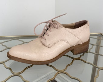 Retro Beige Blush Leather Oxford Lace Up Shoes Pointy Almond Toe - 37 EU 6.5-7 US