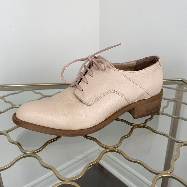 Beige Blush Leather Oxford Lace Up Shoes With Pointy Almond Toe - Retro Lace Up Shoes - 37 EU 6.5-7 US