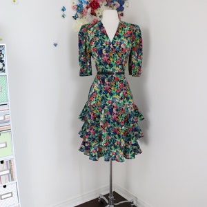 Vintage 80s Does 30s Floral Day Dress CLOCK HOUSE Drop Waist Tiered Ruffle Hem Skirt With Puff Shoulders S/M image 2