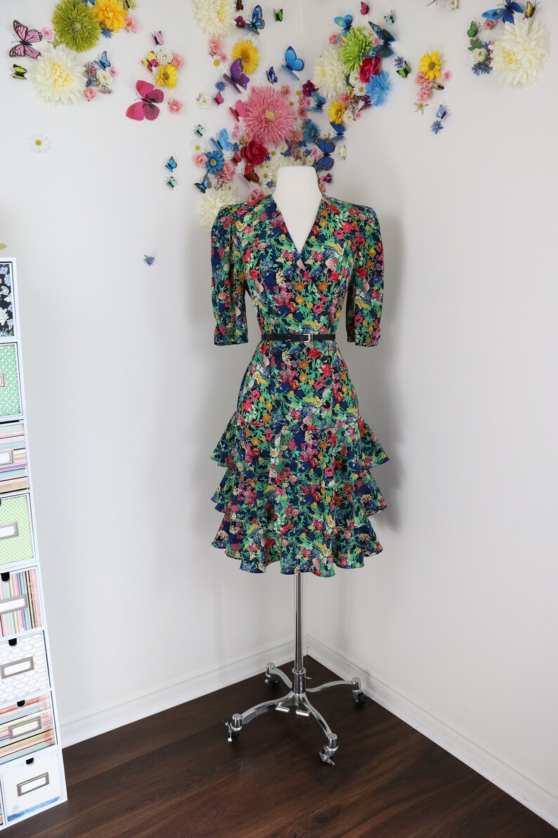 Vintage 80s Does 30s Floral Day Dress CLOCK HOUSE Drop Waist Tiered Ruffle Hem Skirt With Puff Shoulders S/M image 2