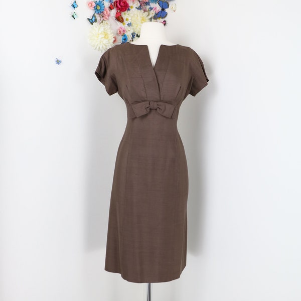 1950s Bow Wiggle Dress - RENE ORIGINAL - Small/Medium 31" Waist - Bow Waist - Dark Brown Vintage Sheath Dress - Silk - Mad Men - Pin Up