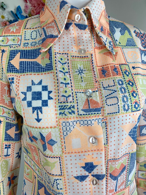 70s Novelty Print Shirt Patchwork Love Disco Shirt Vintage 1970s