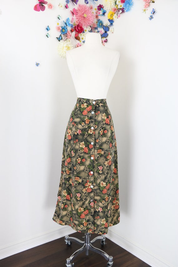 80s Floral tropical skirt with side pockets and back split in pink size 12 for Women by Pure Argenti Vintage work Clothes B1-2026