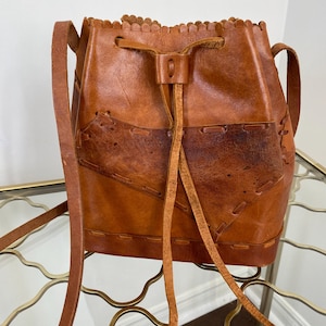 Boho Patchwork Leather Bag Mexican Bucket Purse Vintage Western Cross Body Bag