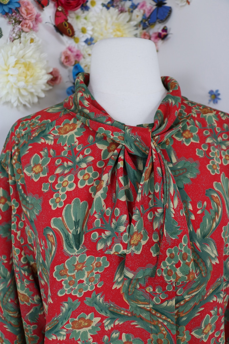 Vintage Tie Neck Blouse 1980s Floral Secretary Blouse 80s TANJAY Loop