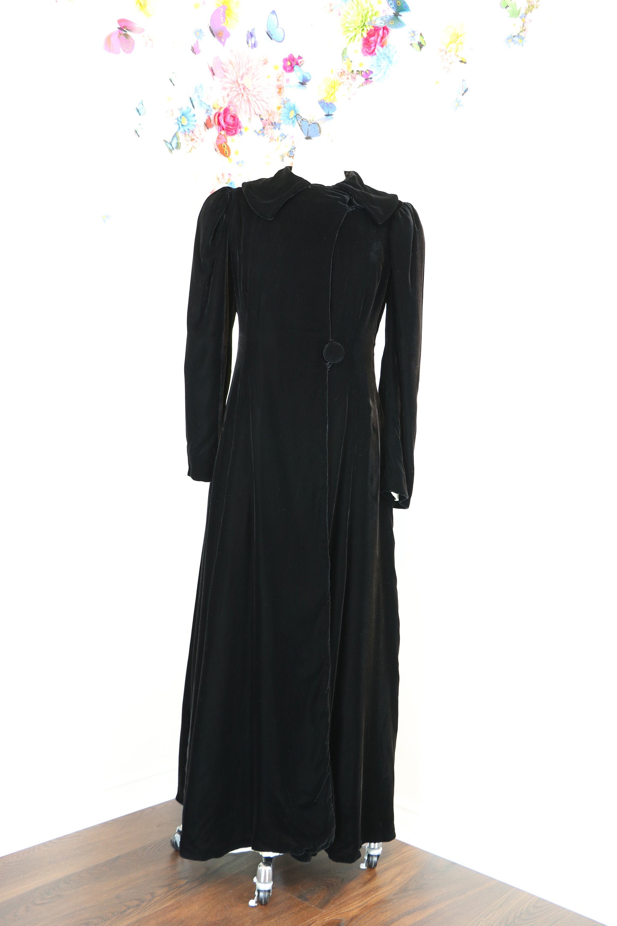 Vintage 1920s Black Velvet Opera Coat 20s Princess Maxi Coat Small